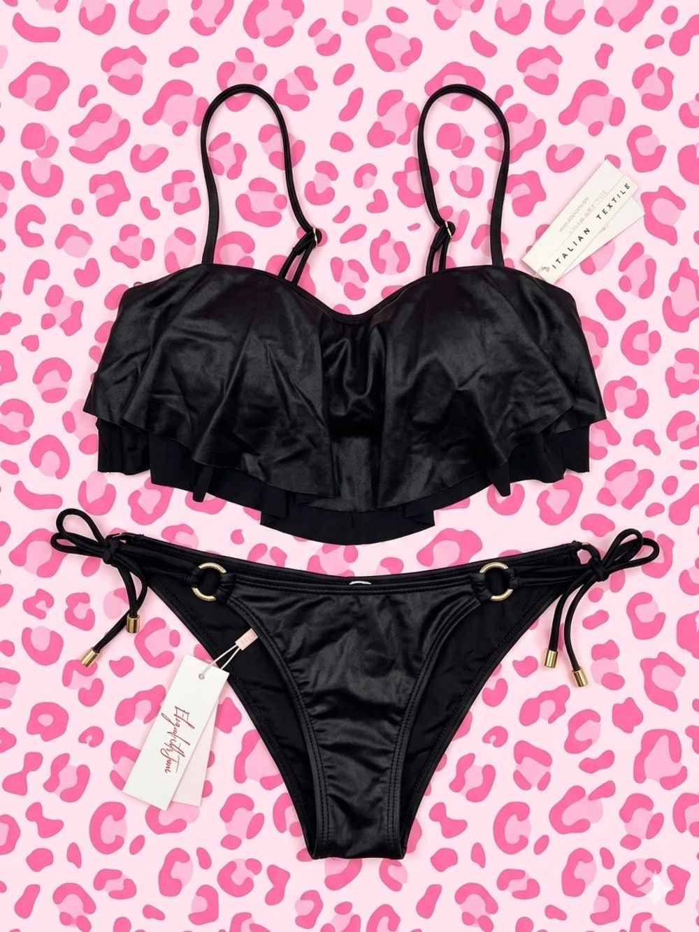Elizabeth Jane Black Ruffle Bandeau Bikini with Tie-Side Bottoms